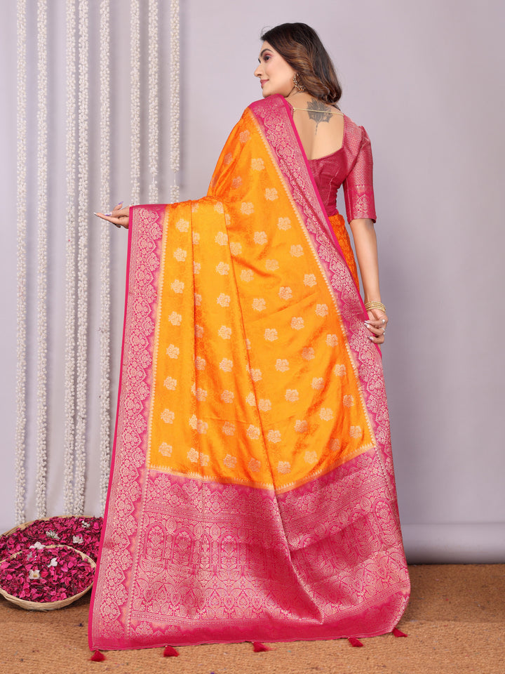 Orange Sandhya Satin Silk Sarees With Butta Designs & Contrast Zari Woven Borders