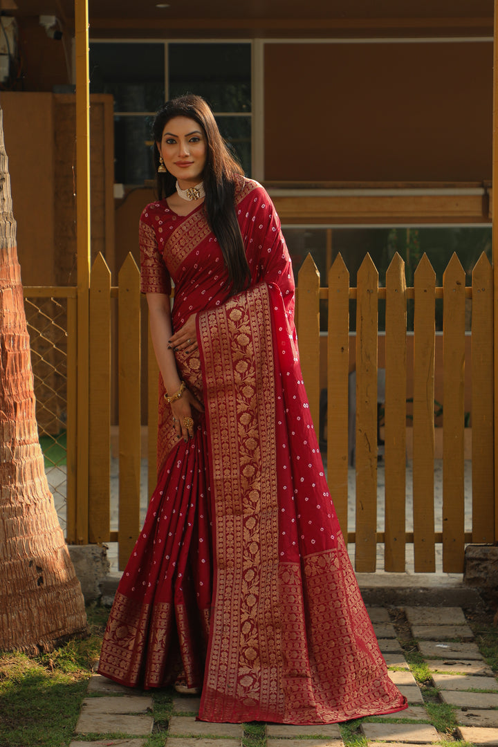 Maroon Toral Bandhej Kanjivaram Silk Saree Kanjivaram Border With Zari Weaving Rich Pallu