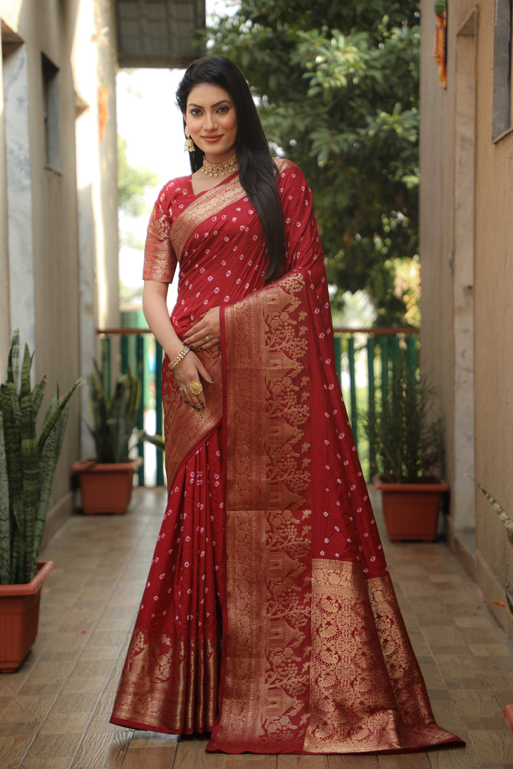 Maroon Suvarna-3 Bandhej Kanjivaram silk saree And Kanjivaram Border with Zari Weaving Rich Pallu