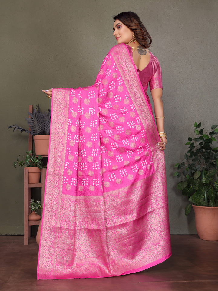 Pink Shakuntala Bandhej Silk Saree With Zari Weaving Butta & Zari Rich Pallu With Beautiful Design & Broad Border