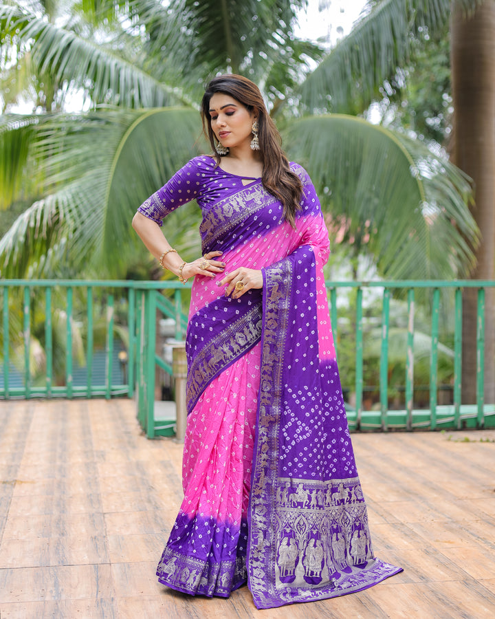 Purple Vamika Pure Bandhej Silk Saree With Bandhej Border & Zari Weaving Rich Tissue Pallu