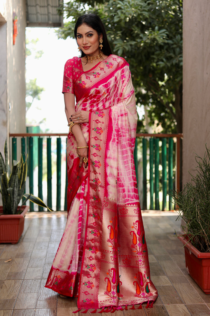 Pink Poonam Sibori Print Paithani Silk Sarees With Gold Zari Paithani Border & Contrast Rich Pallu