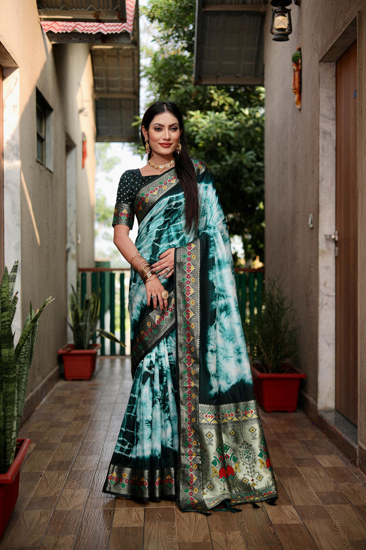 Green Flora Sibori Print Paithani Silk Sarees  With Gold Zari Paithani Border & Contrast  Rich Pallu
