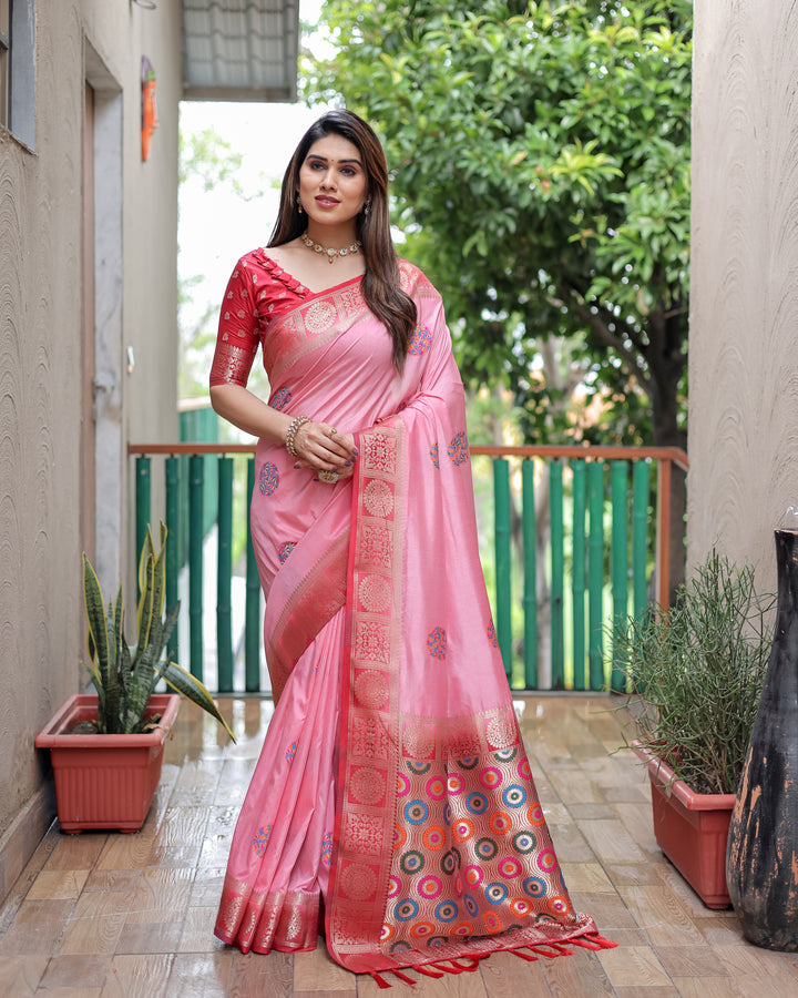 Pink Kamlika Dola Silk With Unique Butta And Contrast Border & Rich Pallu