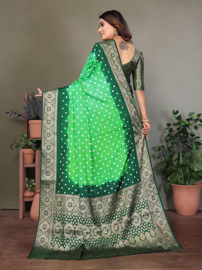 Light Green Satyavati Bandhej Satin Silk Saree Made By Original Bandhej With Zari Weaving Border