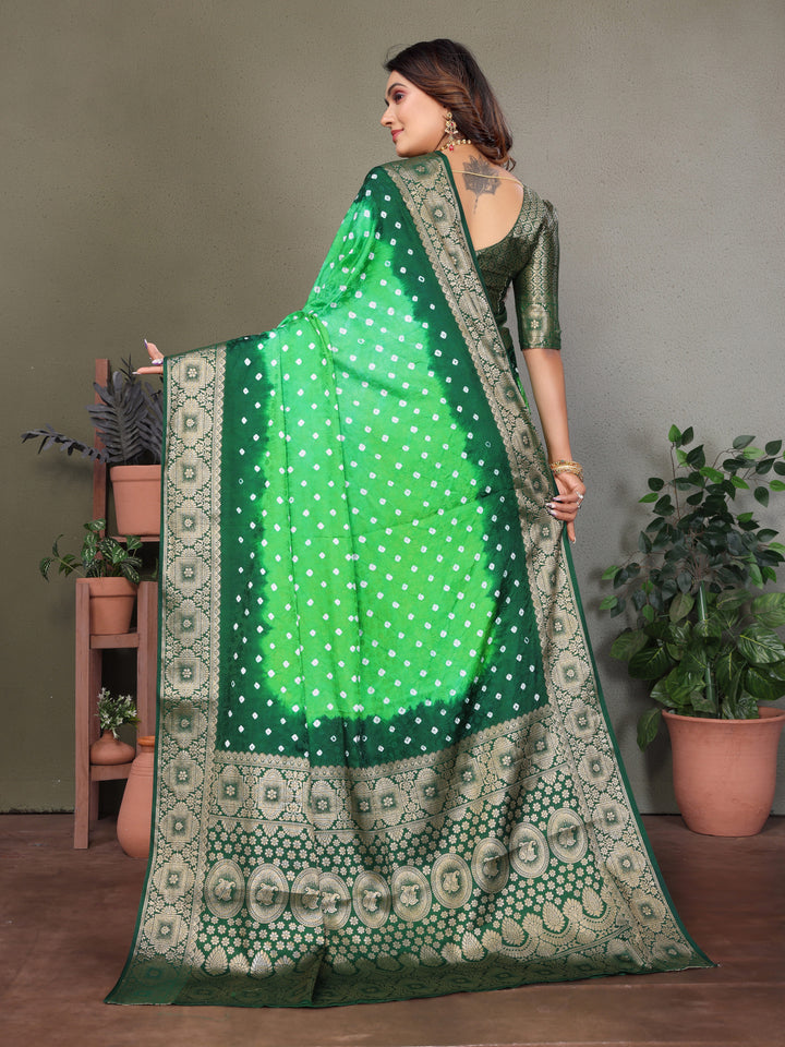 Light Green Satyavati Bandhej Satin Silk Saree Made By Original Bandhej With Zari Weaving Border