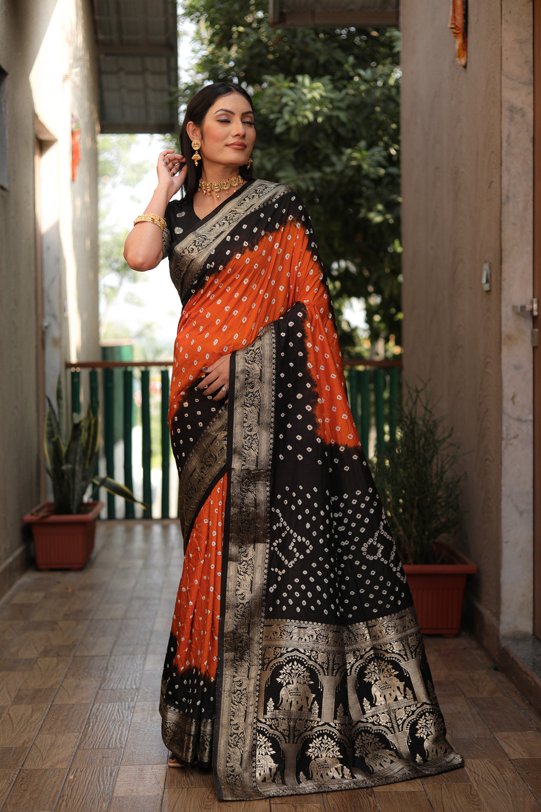 Orange Vahini Pure Bandhej Silk Saree With Bandhej Border & Zari Weaving Rich Tissue Pallu