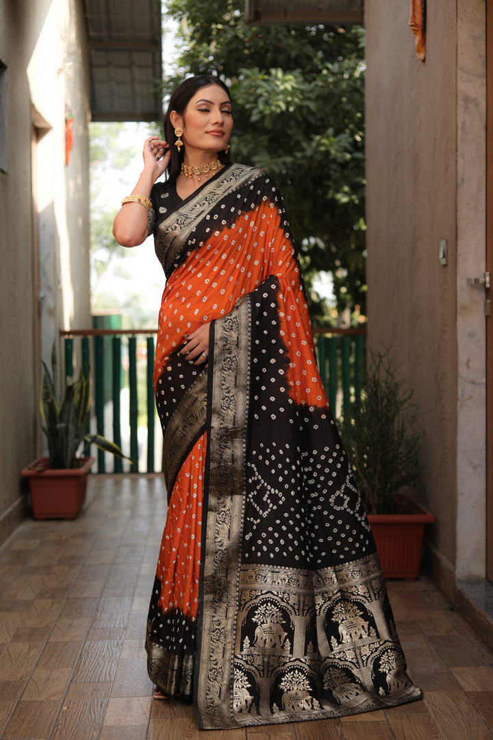 Orange Vahini Pure Bandhej Silk Saree With Bandhej Border & Zari Weaving Rich Tissue Pallu