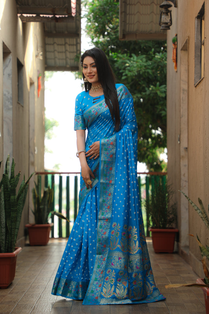 Sky Blue Nazakat Pure Bandhej Silk Saree With Patola Border Zari Weaving Paithani And Paithani Rich Pallu
