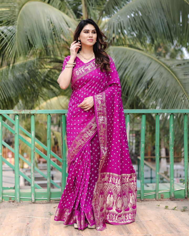 Purple Mausami Pure Bandhej Silk Saree With Zari Weaving Border & Rich Pallu With Beautiful Design And Broad Border