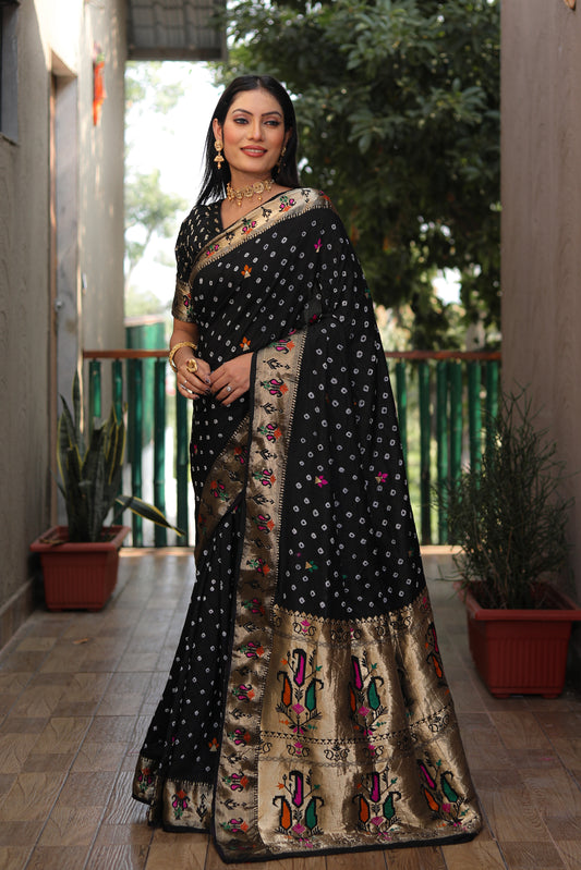Black Yogeshwari Dola Soft Silk Bandhej Saree With Jari Border & Weaving Paithani Style Rich Pallu