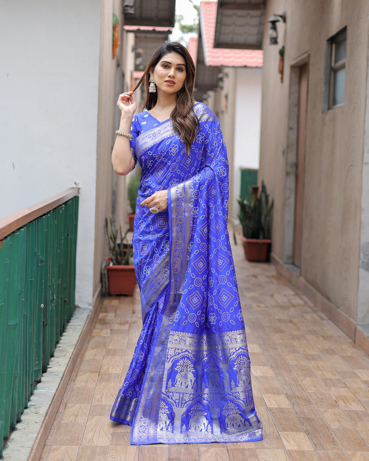 Blue Pushpavati Soft Dola Silk Bandhej Sarees With Kanchi Weaving Border With Multicolour Bandhej Block Print Design