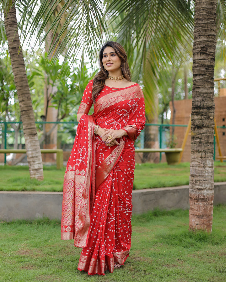 Red Padmavati Dola Soft Silk Bandhej Saree With All Over Handmade Bandhej With Jari Weaving Border