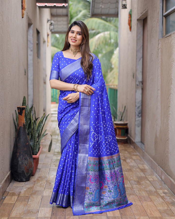 Blue Yashomati Dola Soft Silk Bandhej Sarees With Awesome Two Sides Jari Border &  Paithani Style Rich Pallu