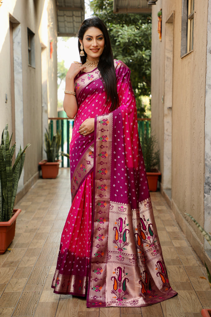 Pink Chandani Dola Soft Silk Bandhej Sarees Jari Paithani Weaving Border & Weaving Paithani Style Rich Pallu