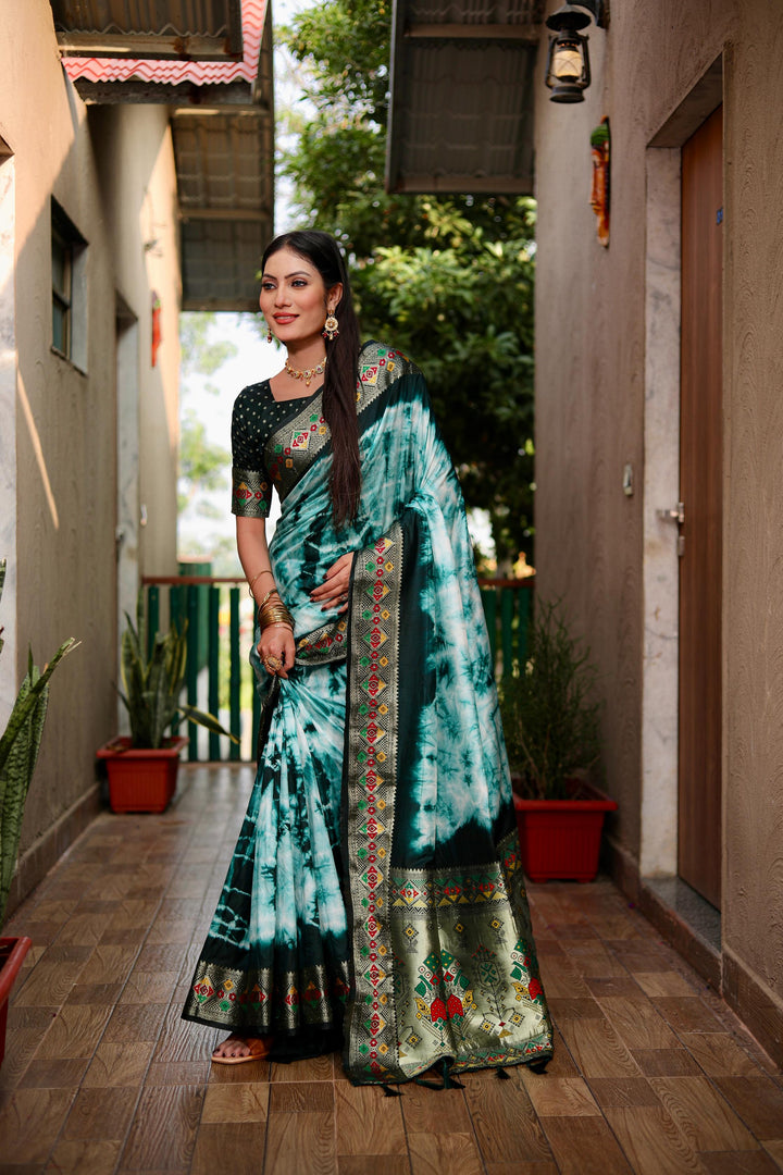 Green Flora Sibori Print Paithani Silk Sarees  With Gold Zari Paithani Border & Contrast  Rich Pallu