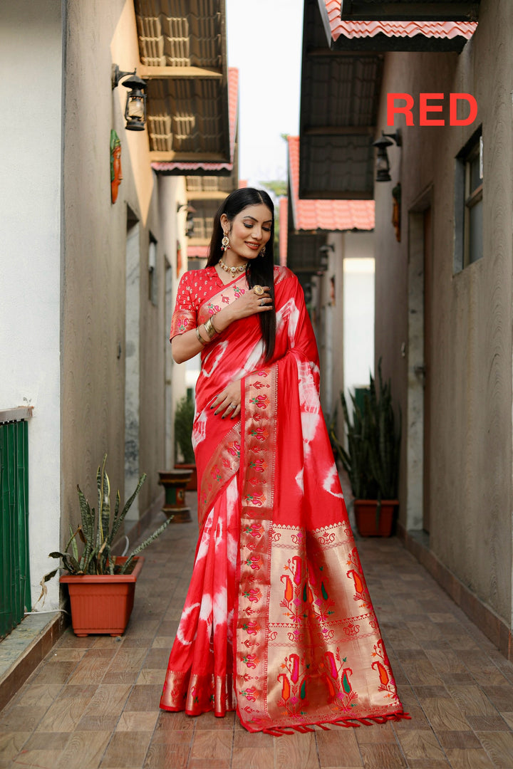 Red Vatika Sibori Print Paithani Silk Sarees With Gold Zari Paithani Border & Contrast Rich Pallu