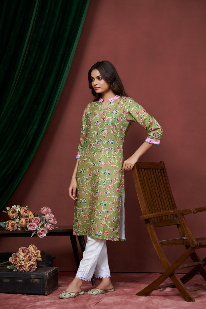 Green Color Cotton Lilen With Print And Embroidery Work Kurti