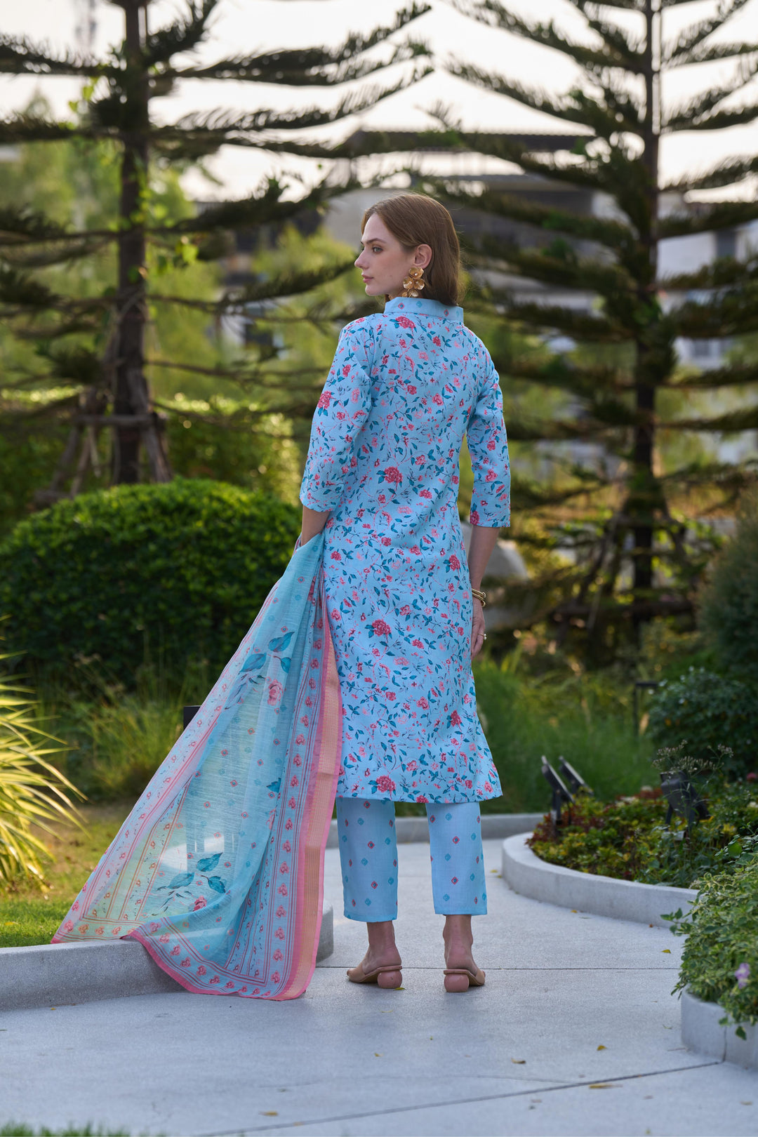 Sky Blue Color Tissue with floral print and embroidery Kurti with Pant And Dupatta Sets