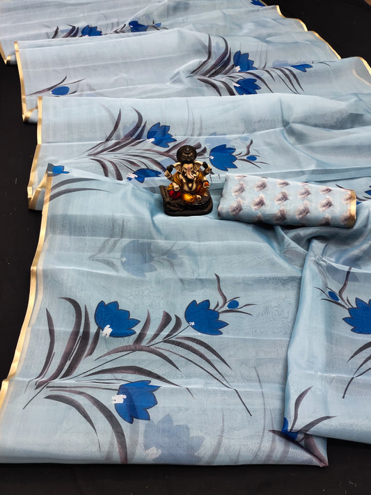 Sky Blue Vrinda Organza Digital Print Soft Shiny Art Silk Saree With Inspired Gold Border