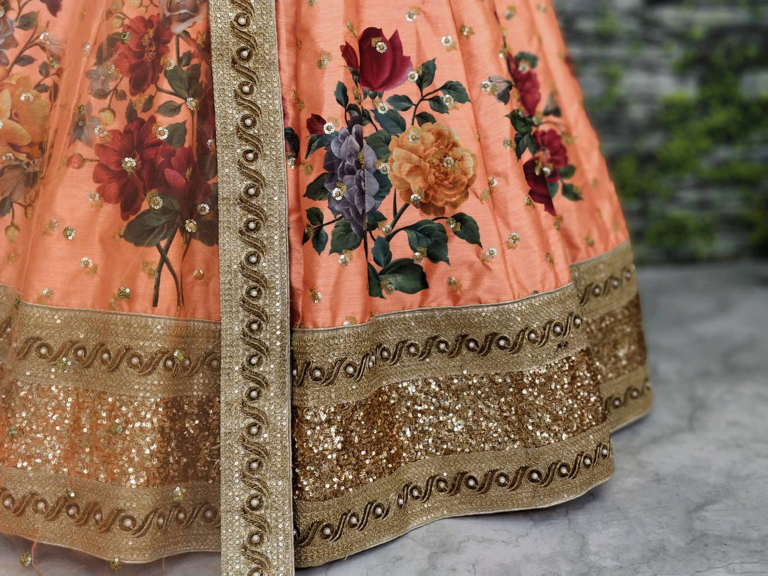 Peach Color Art Silk Sequins Embroidered Border and Pearl work Lehenga Choli
