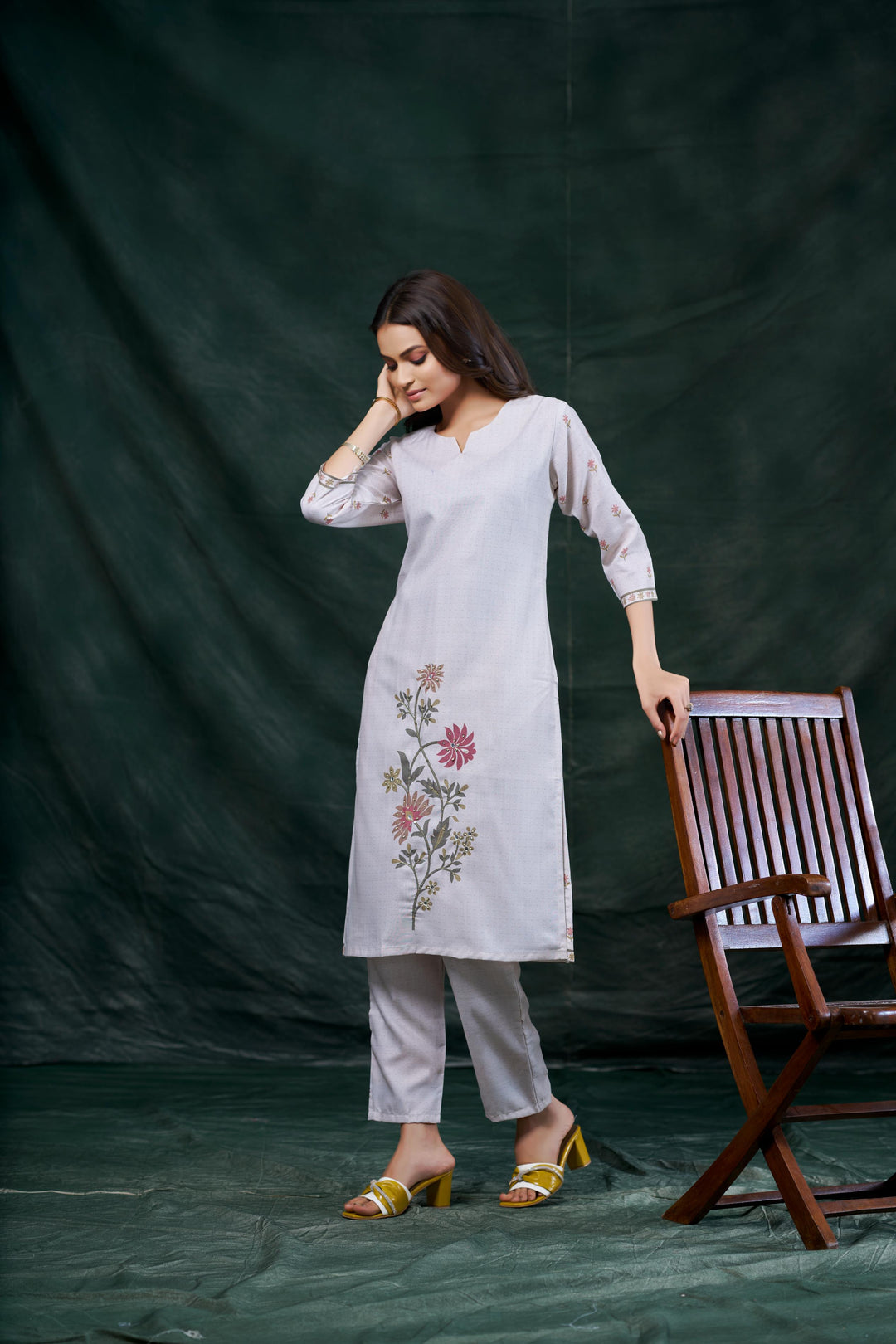 White Color Cotton Lilen With Print And Embroidery Work Kurti