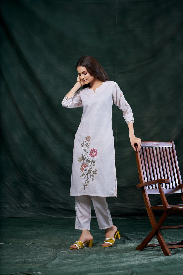 White Color Cotton Lilen With Print And Embroidery Work Kurti