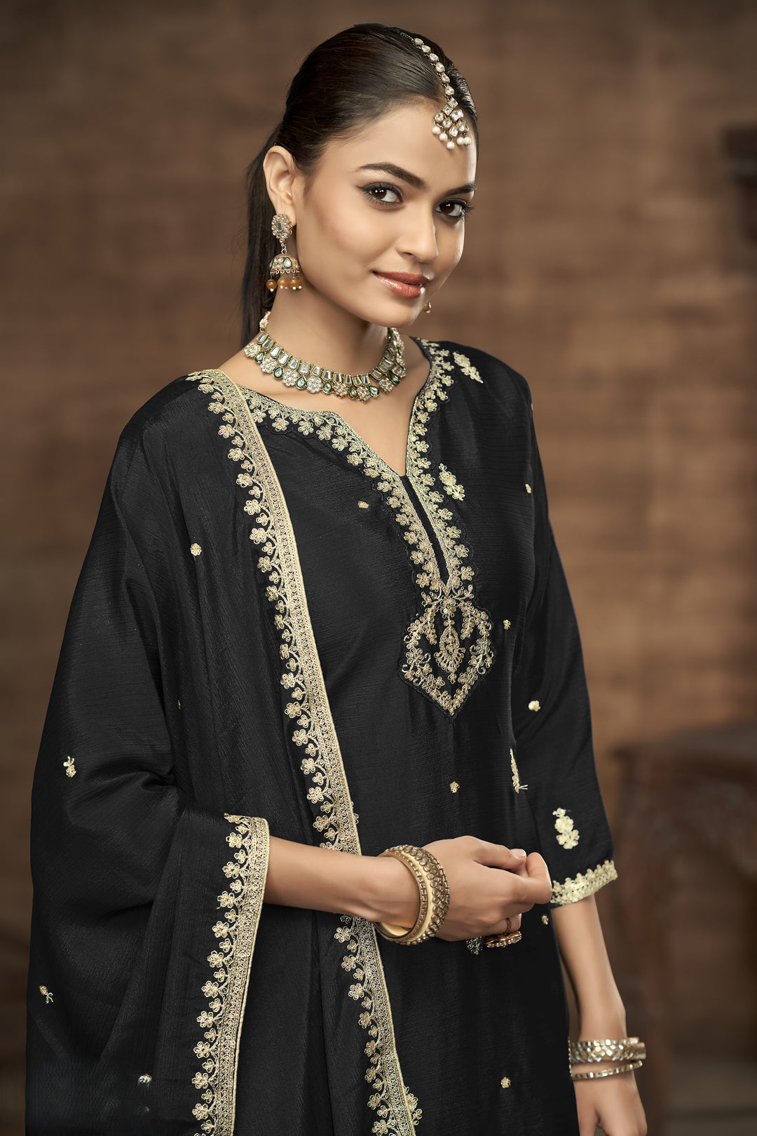 Black Color Chinnon With Embroidery And Sequins Work Top And Plazo