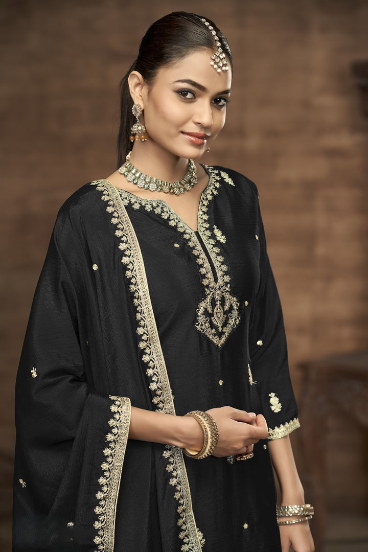 Black Color Chinnon With Embroidery And Sequins Work Top And Plazo