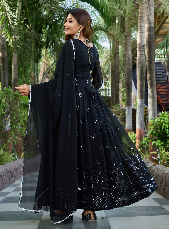 Indian Partywear Black Georgette Anarkali Gown With Heavy Embroidery Sequence Work And Dupatta For Women, Designer Gown,Traditional Dress