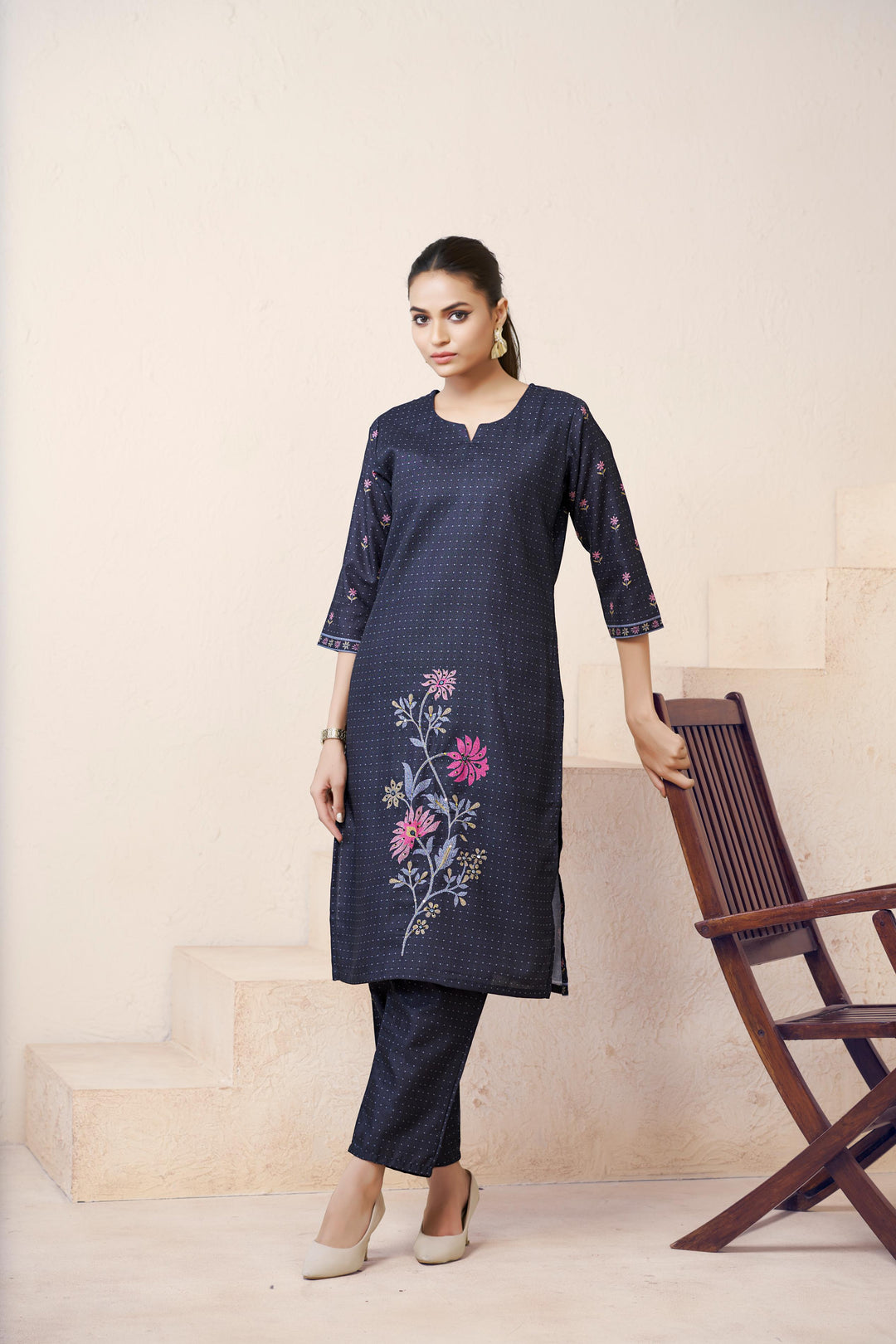 Navy Blue Color Cotton Lilen With Print And Embroidery Work Kurti