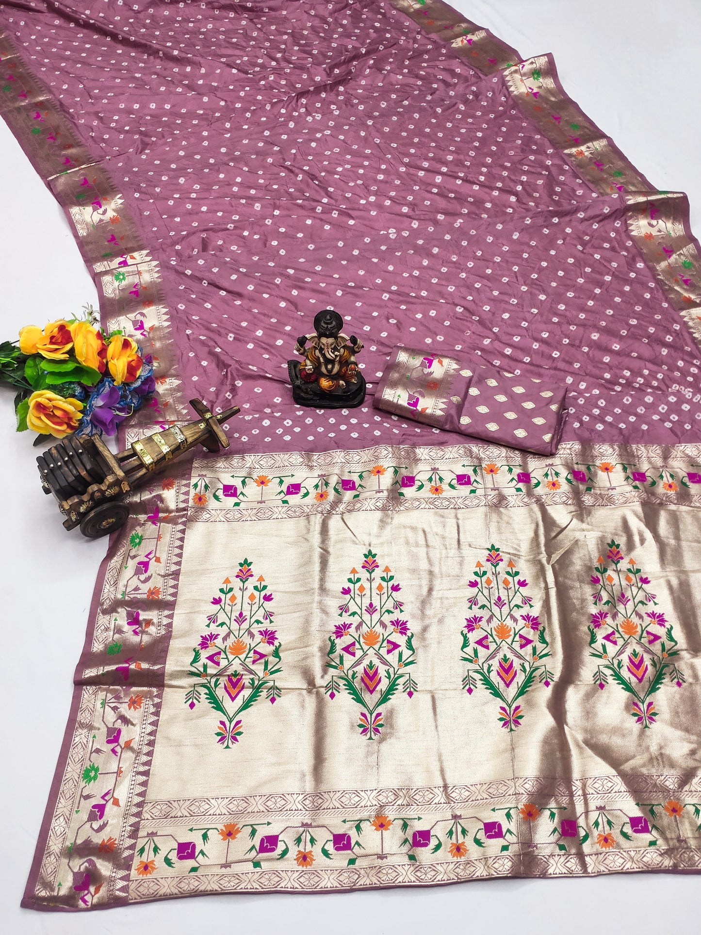 Light Peach Janki Pure Bandhej Silk Saree With Beautiful Design And Having A Minakari Rich Pallu With Zari