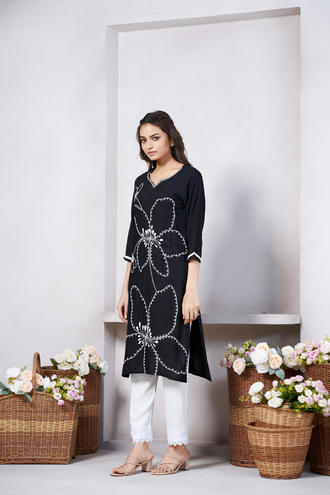 Black Color Cotton Lilen With Print And Embroidery Work Kurti