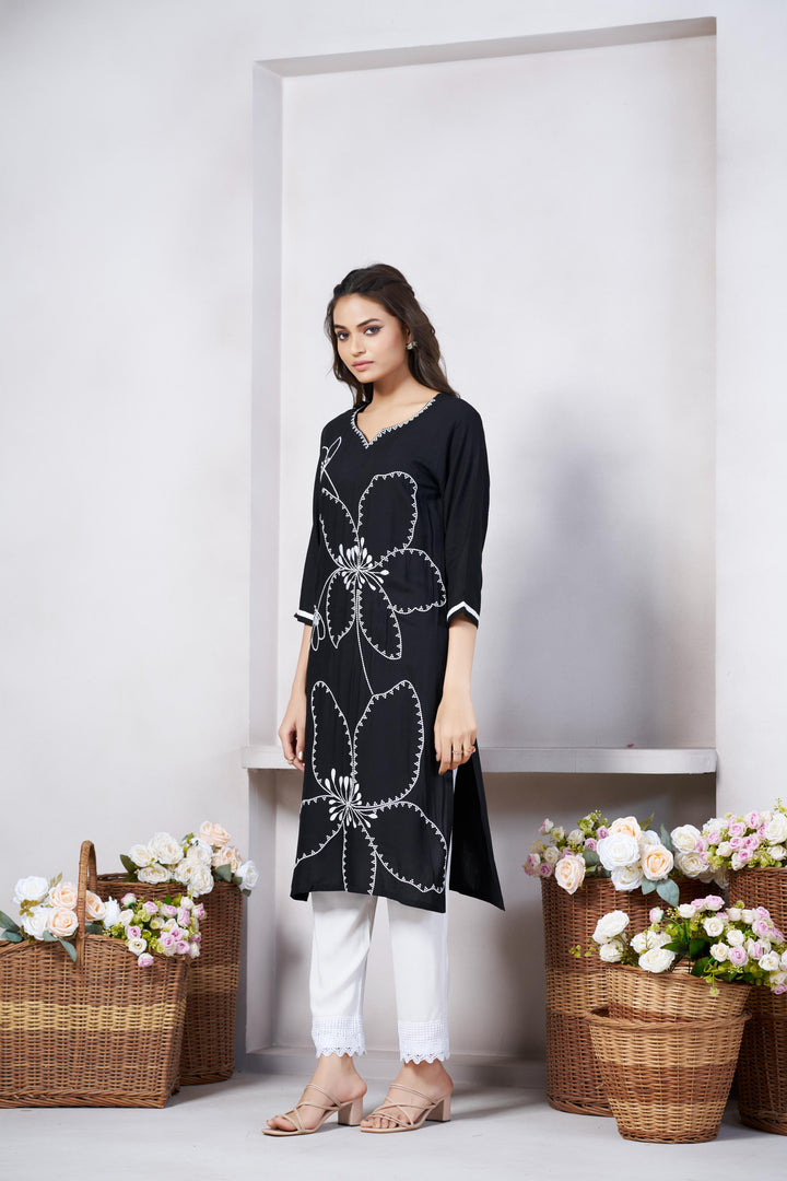 Black Color Cotton Lilen With Print And Embroidery Work Kurti