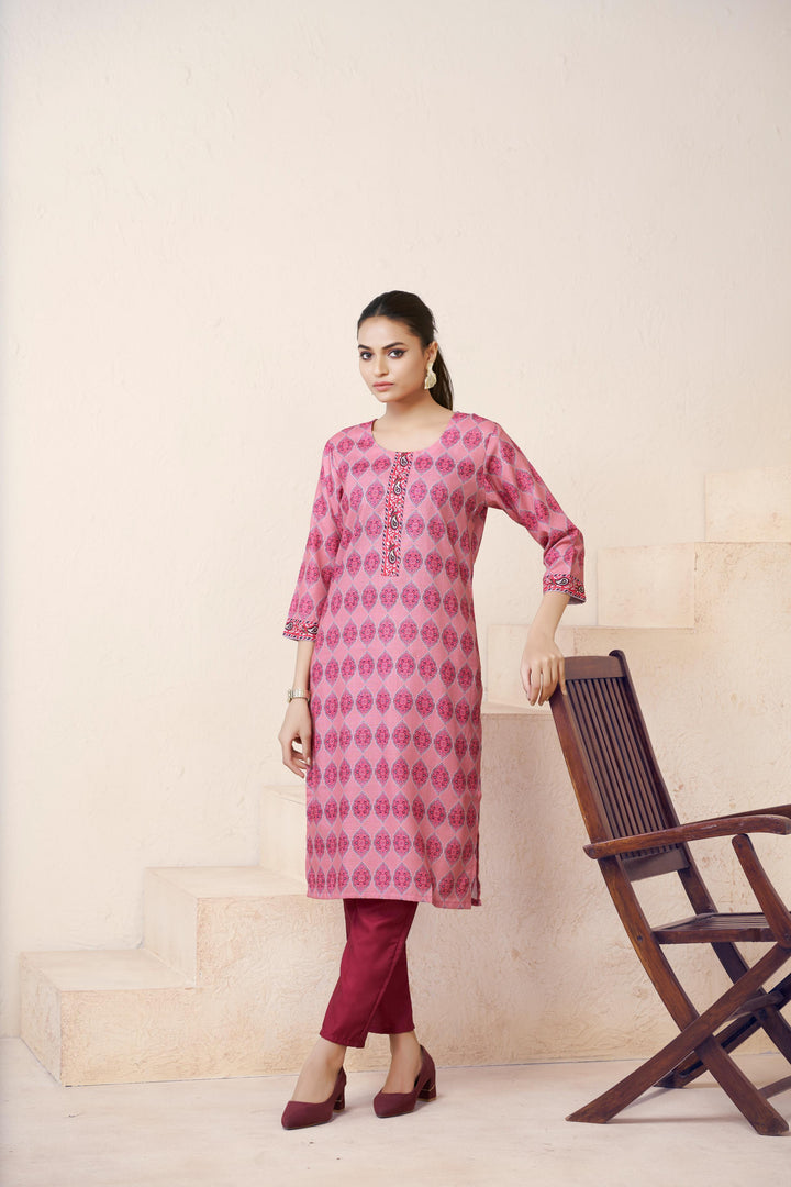Pink Color Cotton Lilen With Print And Embroidery Work Kurti