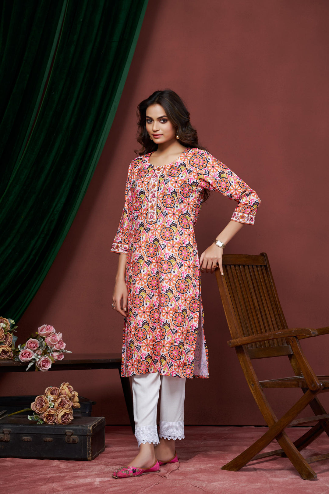 Peach Color Cotton Lilen With Print And Embroidery Work Kurti