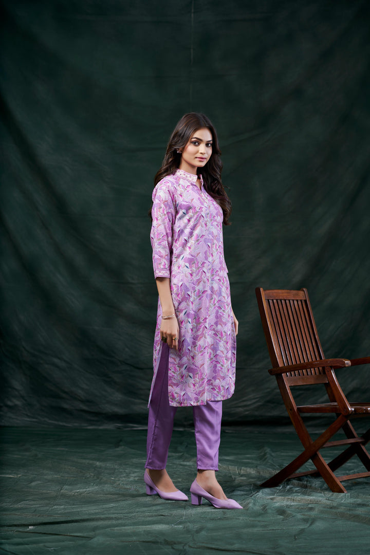 Purple Color Cotton Lilen With Print And Embroidery Work Kurti