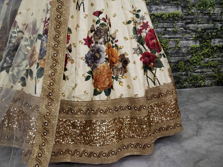 Cream Color Art Silk Sequins Embroidered Border and Pearl work Lehenga Choli