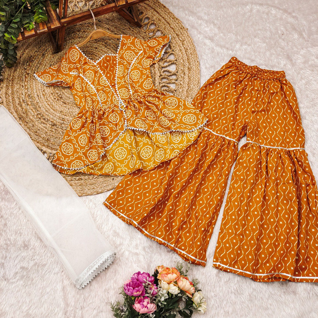Yellow Colour Reyon Printed Gotta patti lace Top with sharara Dupatta set(3 PICS)