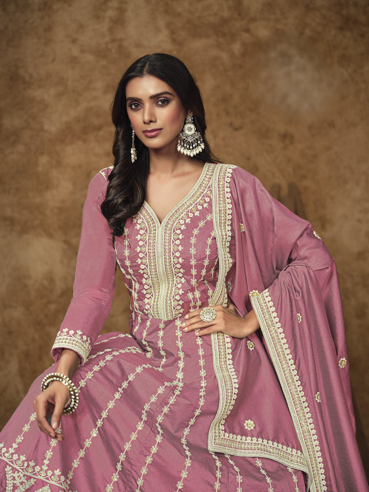 Pink Color Dolla Silk With Embroidery And Sequins Work Anarkali Dress