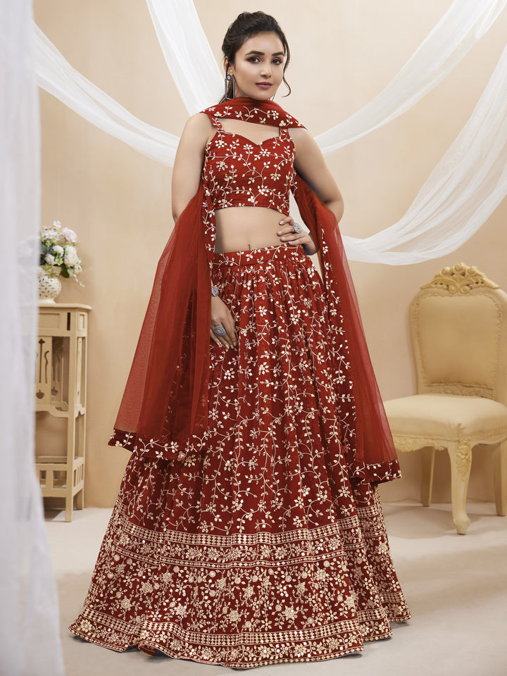 Red Color Georgette With Sequins Zari Embroidered Work Lehenga Choli