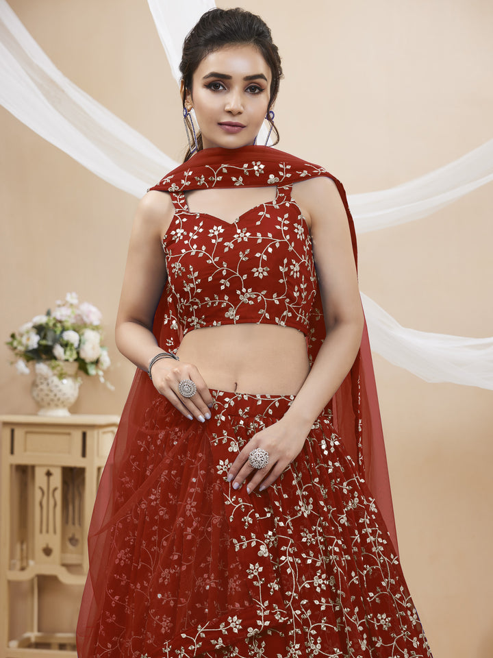 Red Color Georgette With Sequins Zari Embroidered Work Lehenga Choli