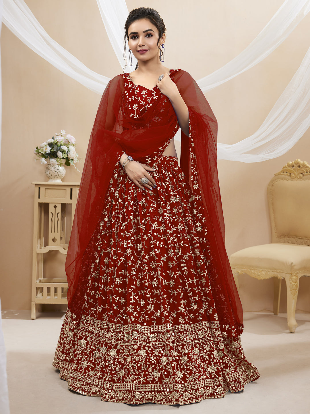 Red Color Georgette With Sequins Zari Embroidered Work Lehenga Choli