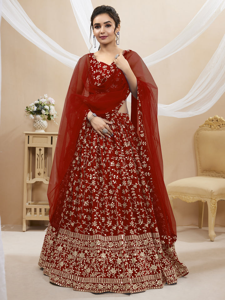 Red Color Georgette With Sequins Zari Embroidered Work Lehenga Choli