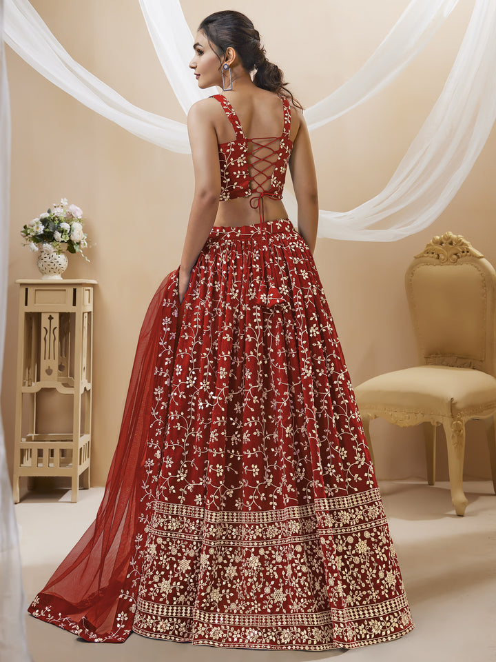 Red Color Georgette With Sequins Zari Embroidered Work Lehenga Choli