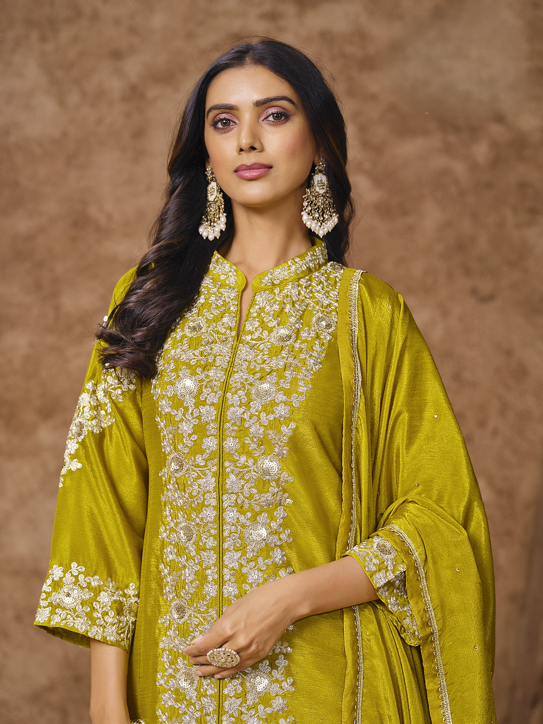 Mehendi Color Chinnon With Embroidery And Sequins Work Top And Plazo
