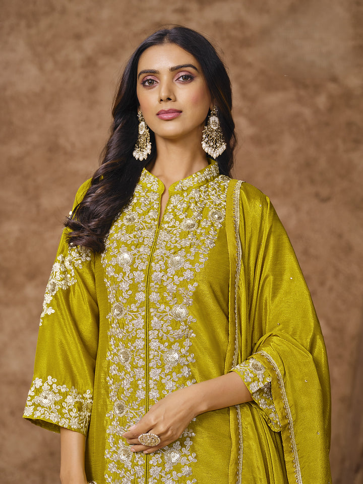 Mehendi Color Chinnon With Embroidery And Sequins Work Top And Plazo