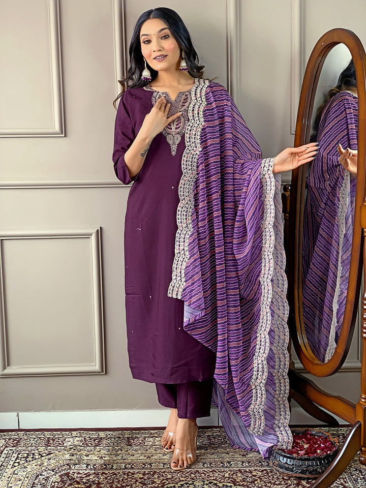 Purple Color Viscose Silk Kurti Embroidery With Pant And Dupatta Set