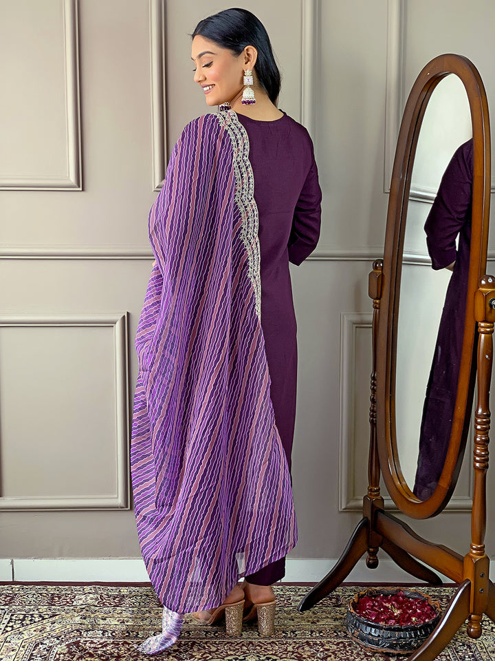 Purple Color Viscose Silk Kurti Embroidery With Pant And Dupatta Set