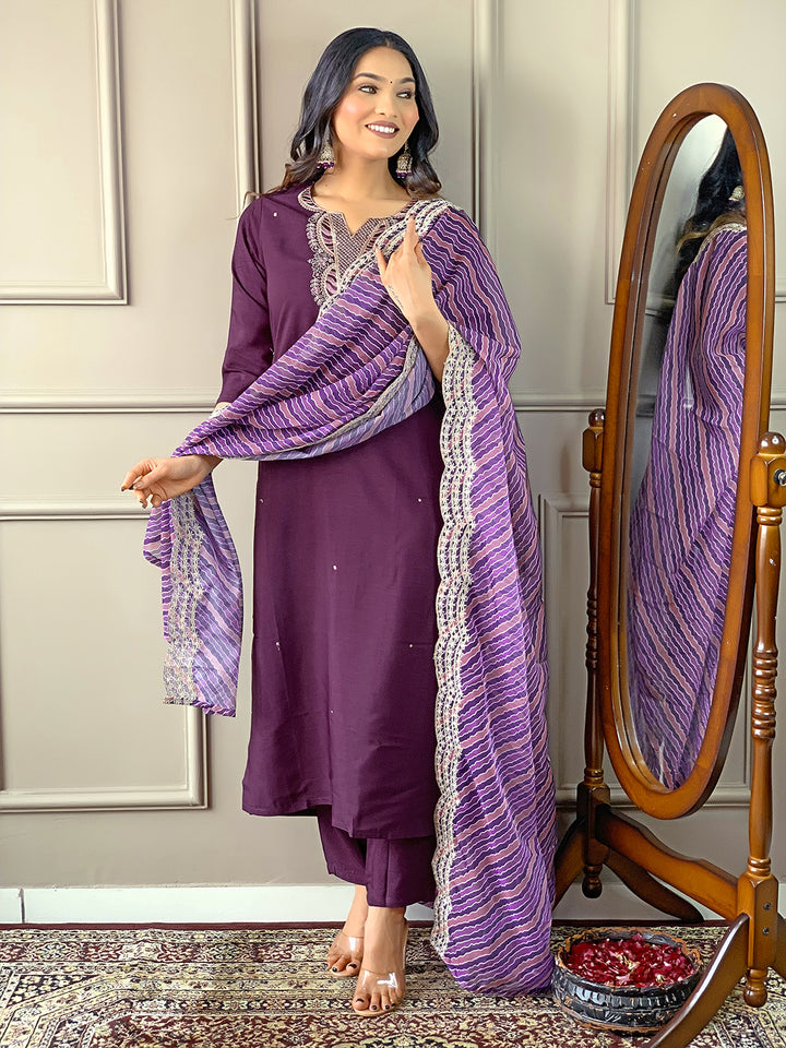 Purple Color Viscose Silk Kurti Embroidery With Pant And Dupatta Set